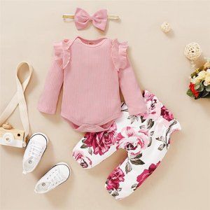 3-Piece Ruffled Long Sleeve Floral Romper Set